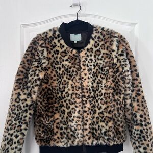 NWT Anthropologie Skies Are Blue Leopard Print Faux Fur Bomber Style Jacket XS